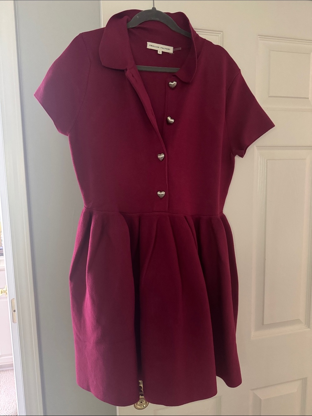 English Factory Short-Sleeve Fit-and-Flare Dress in Berry